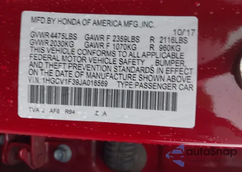 2018 Honda Accord Sport из США, поврежденный, VIN 1HGCV1F39JA016569